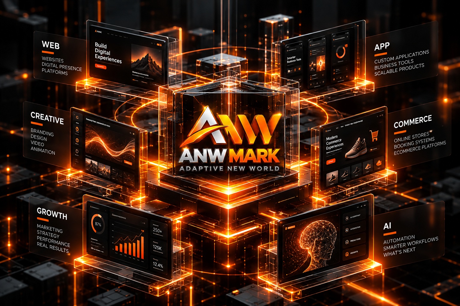 ANW Mark Adaptive New World digital ecosystem showing web, apps, commerce, creative, growth and AI